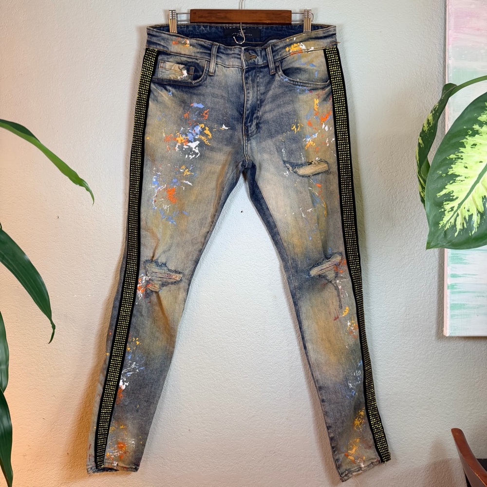 Jordan Craig Legacy Edition Distressed Paint Splattered Rhinestone Boho Jeans 32